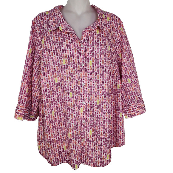Catherines Shirt Top Womens Size 1X White Pink Pineapple Button Front 3/4 Sleeve - Picture 1 of 11